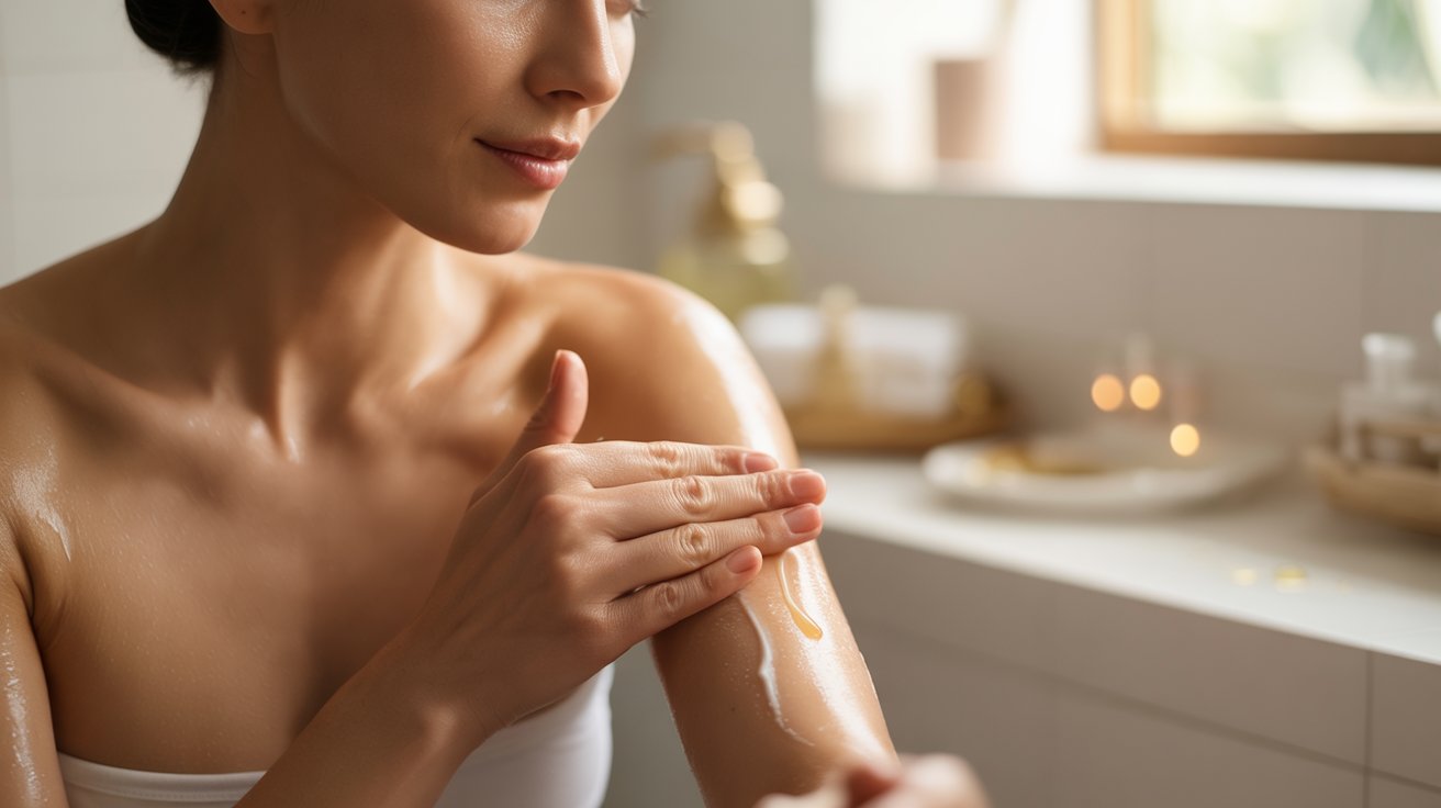 A woman in a bathroom applies lotion to her arm, showcasing a self-care routine. The scene is calm, with soft lighting and blurred candles in the background.