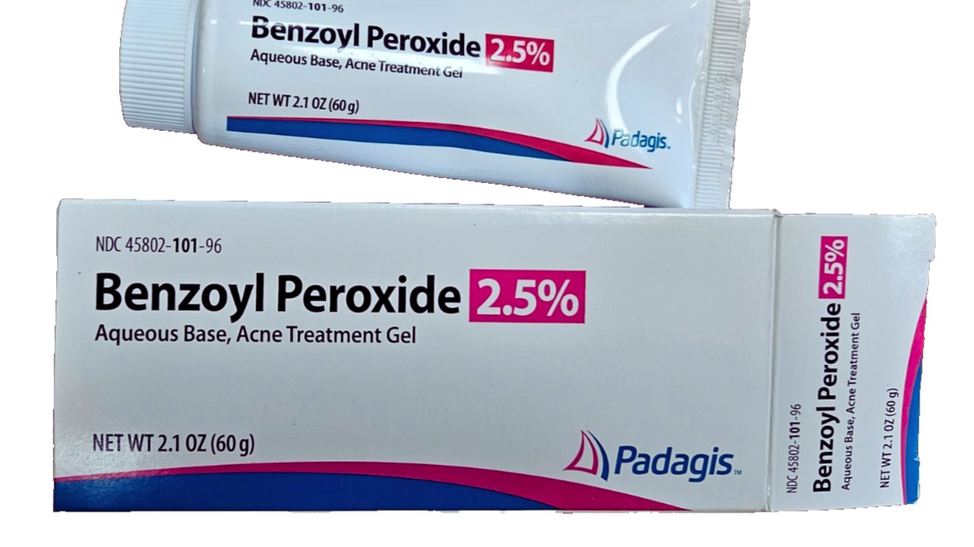 Alt text: "A box and tube of benzoyl peroxide 2.5% acne treatment gel from Padagis. The packaging is white with blue and pink accents."