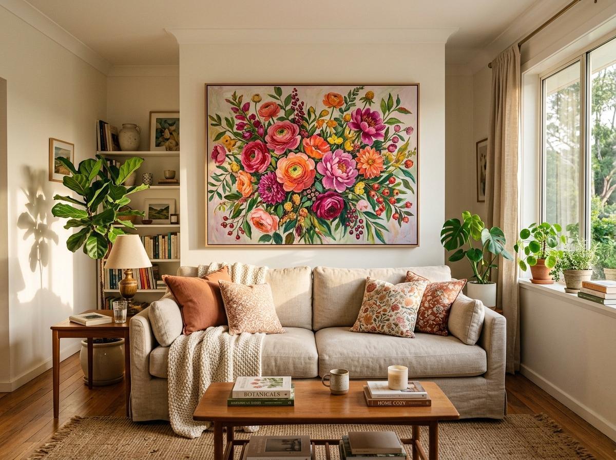 A spacious living room featuring a large, colorful painting prominently displayed on the wall.