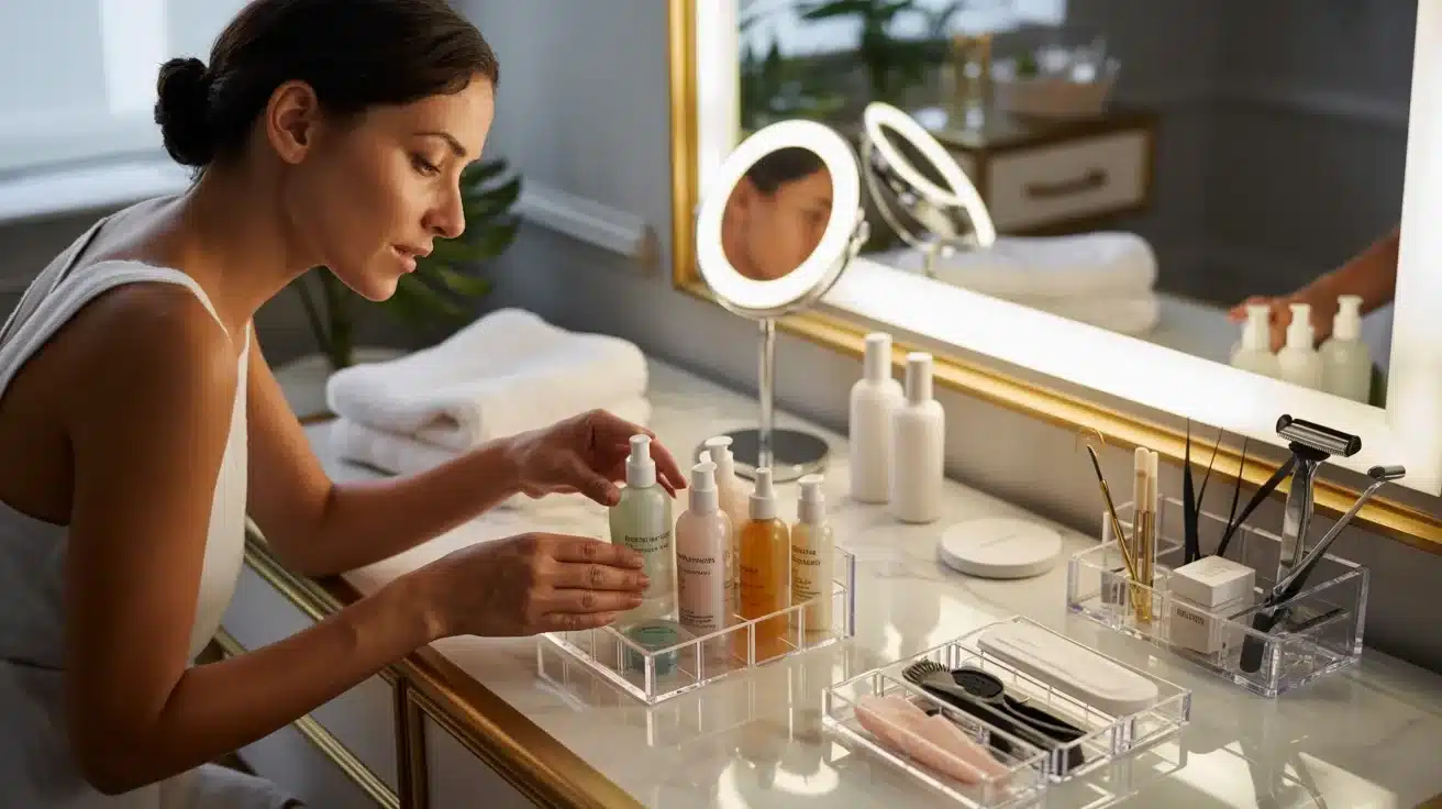 A woman in a bathroom arranges skincare bottles on a countertop. The setting is bright and organized, featuring a mirror, towels, and makeup tools.