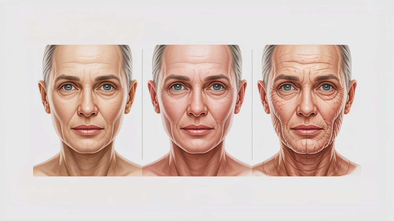 Three panel illustration of an older woman with neutral expressions. The left image shows smooth skin, the middle shows minor wrinkles, and the right displays deep wrinkles.