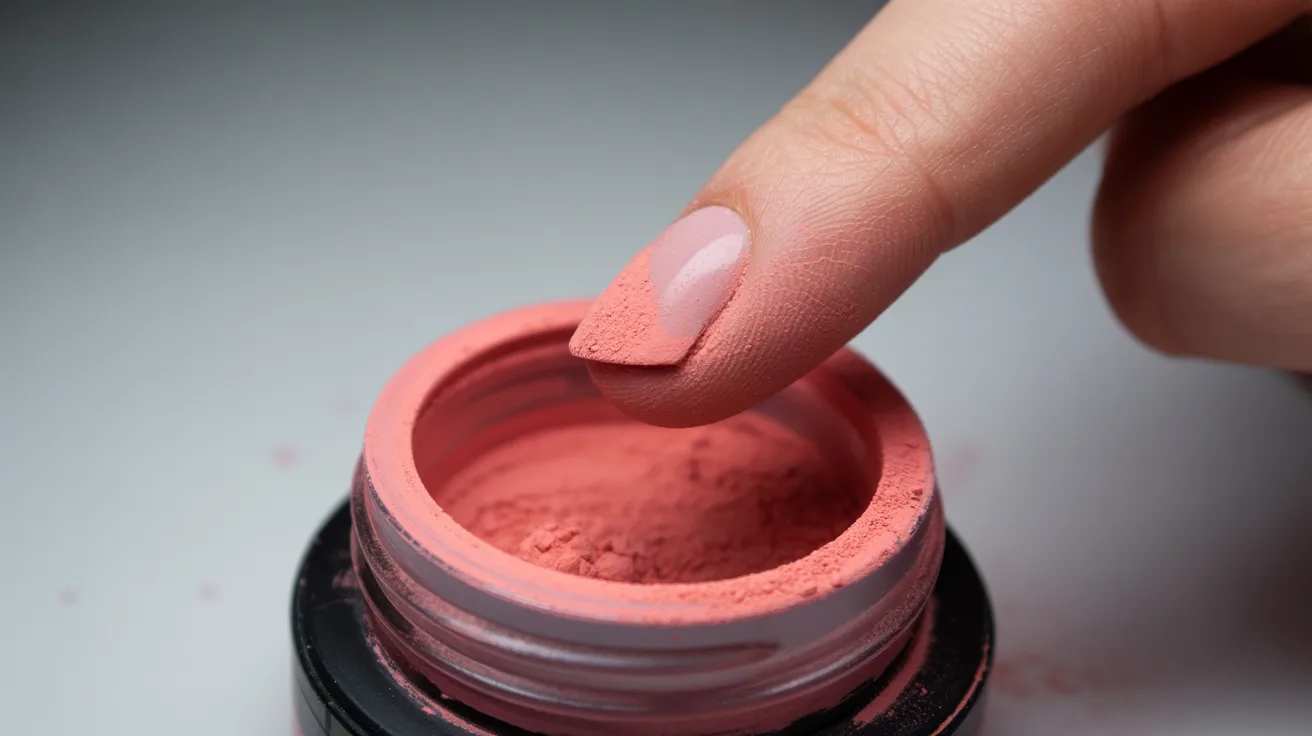 A close-up of a hand with a manicured nail dipping into a jar of pink powder. The scene conveys precision and the process of nail art application.
