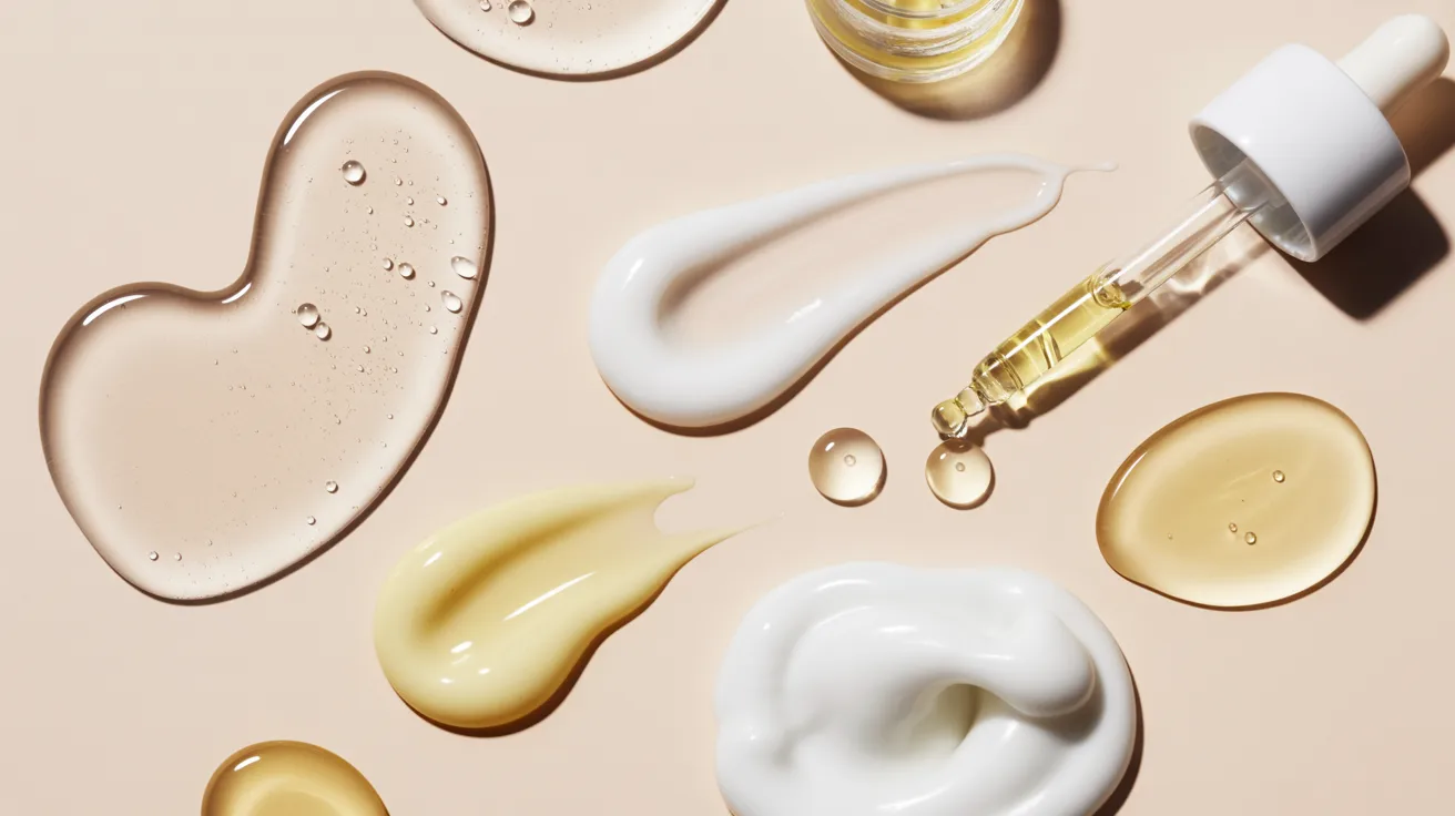Various skincare products are artfully smeared on a light beige surface, featuring translucent gels, creamy lotions, and golden oils, alongside a glass dropper.