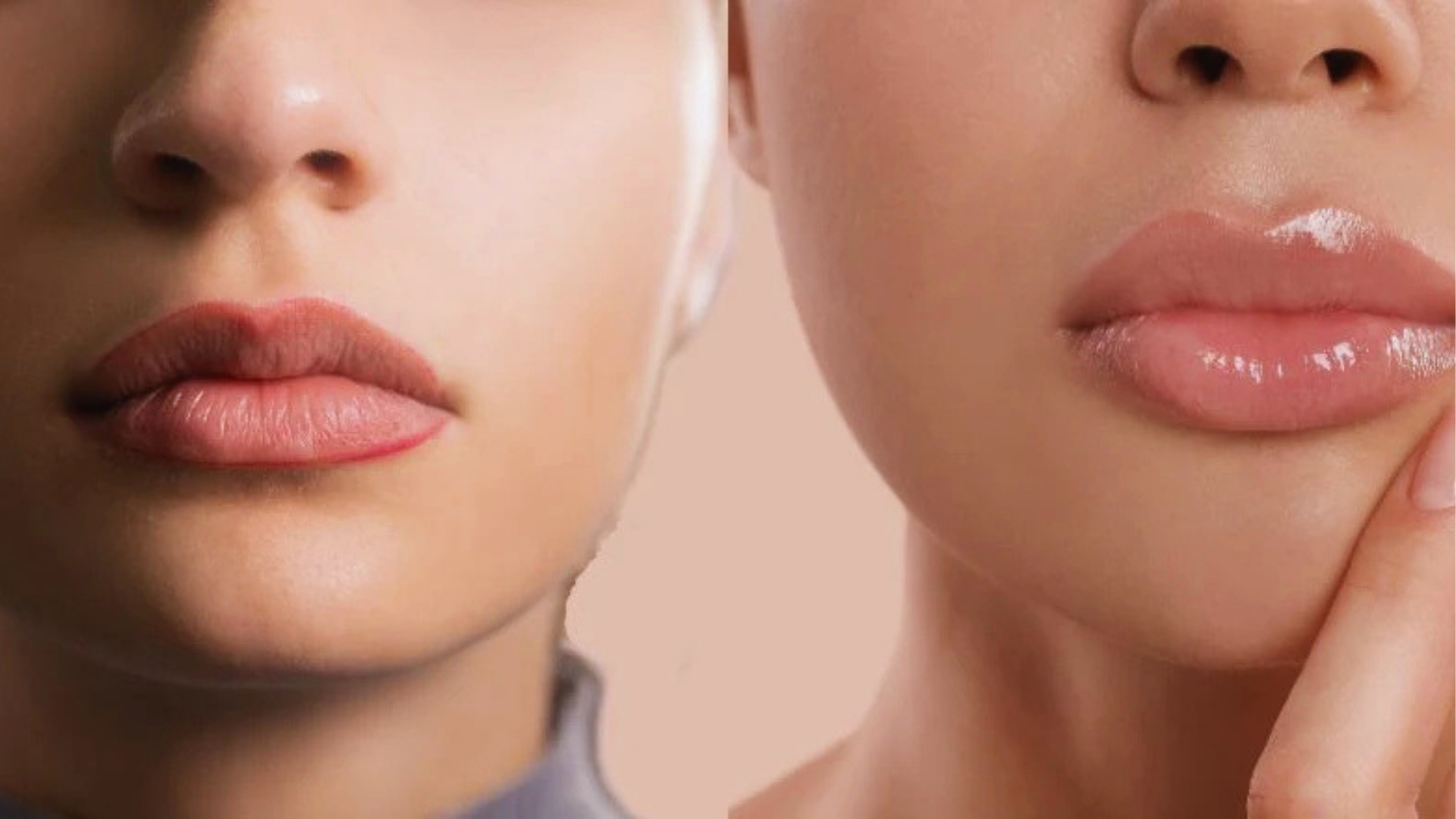 Close-up of two women's lips side by side, one with matte lipstick and the other glossy. The image contrasts the different lip finishes.