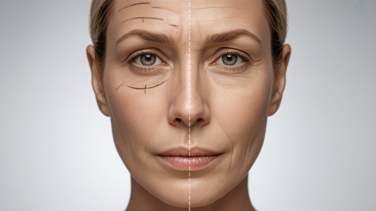 Close-up of a woman's face divided vertically. One side shows smooth, youthful skin, the other side has wrinkles and aging lines, marked with pen.
