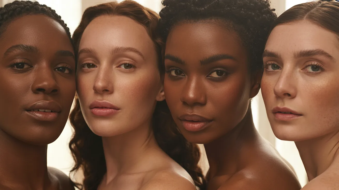 Four women stand closely together, facing forward. They display diverse skin tones and natural makeup, exuding confidence and unity. The lighting is soft and warm.