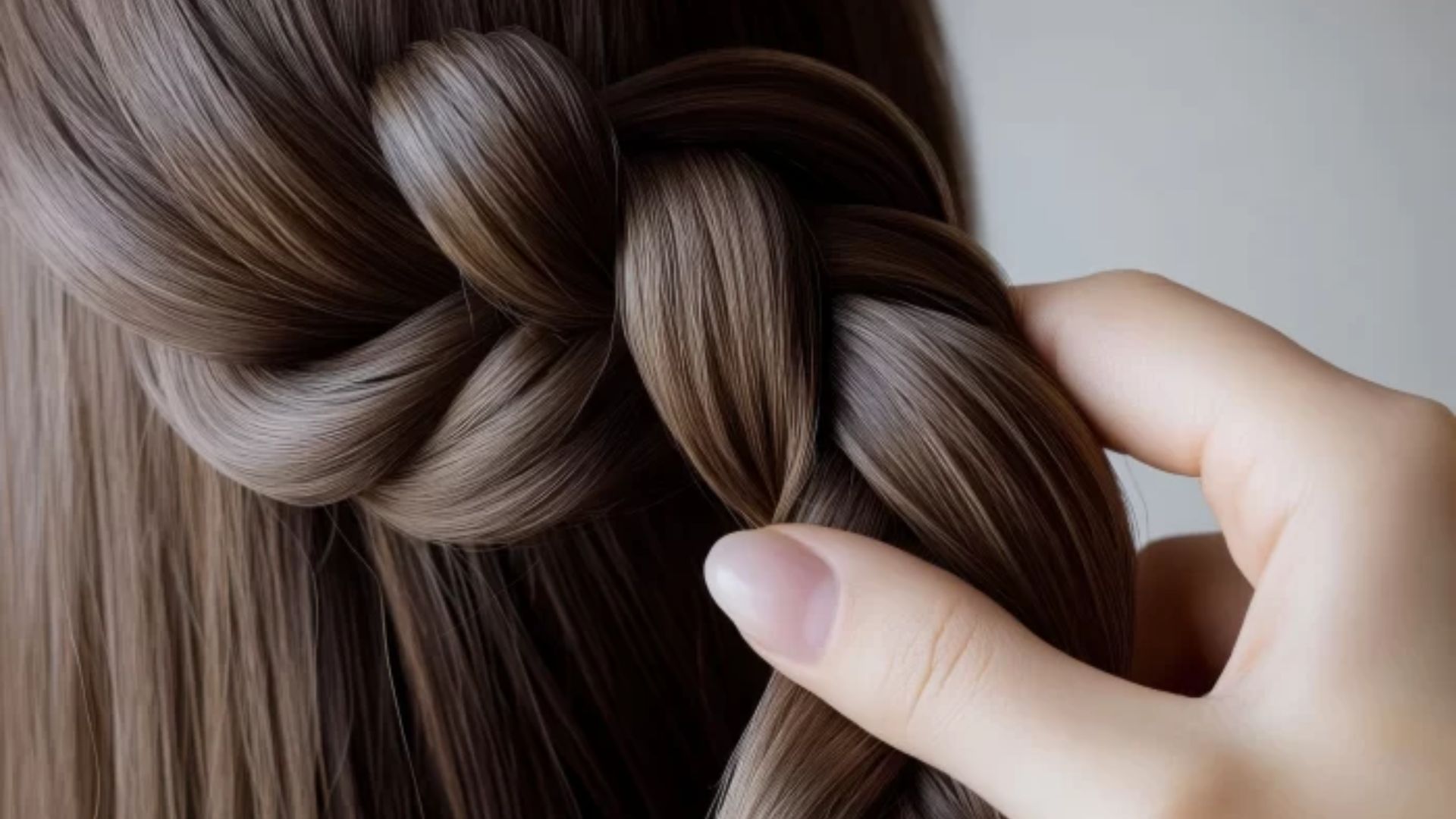 A hand gently braids smooth, brown hair, capturing the texture and shine. The setting is calm, highlighting the intricate braid pattern.
