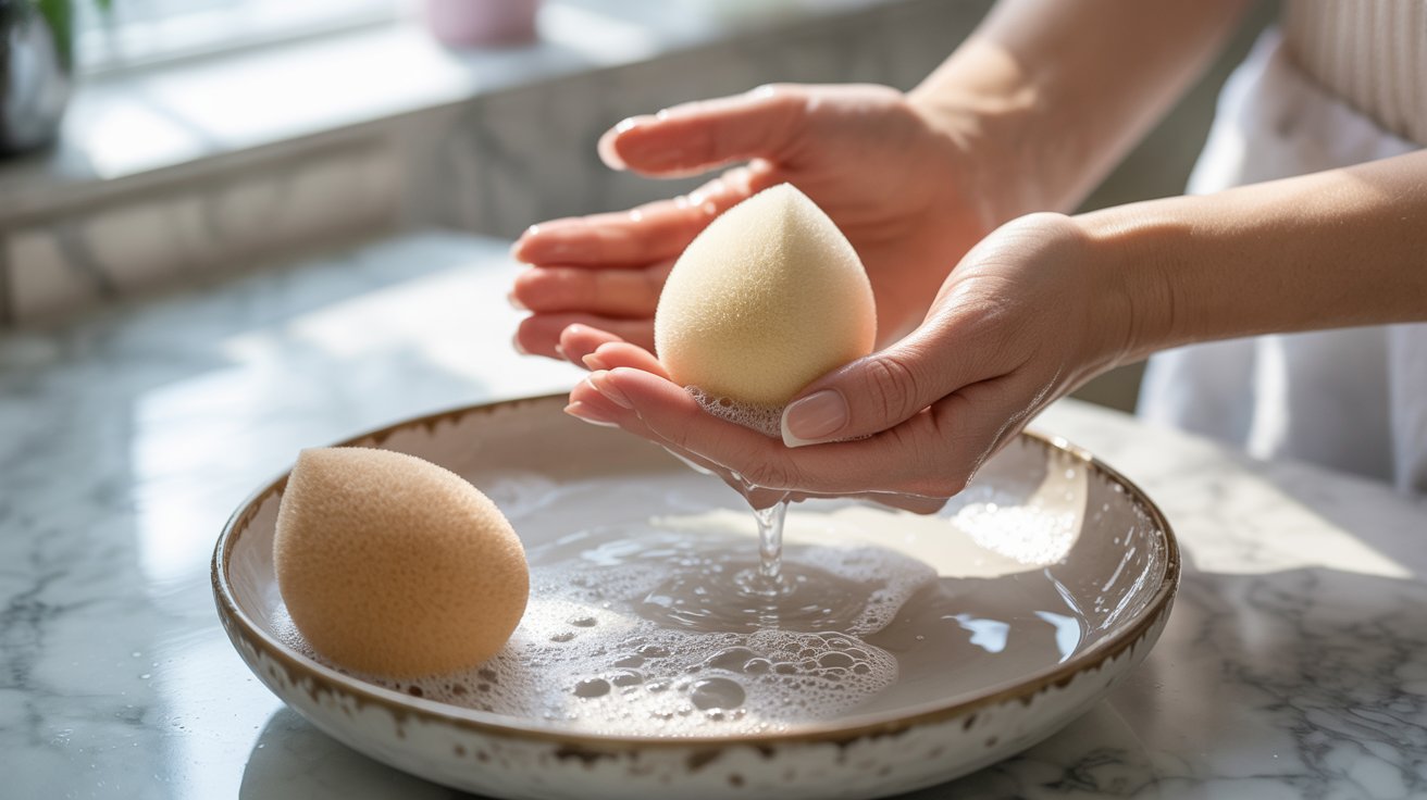 Hands gently clean a makeup sponge over a bowl filled with soapy water on a sunlit marble countertop, conveying a sense of cleanliness and care.