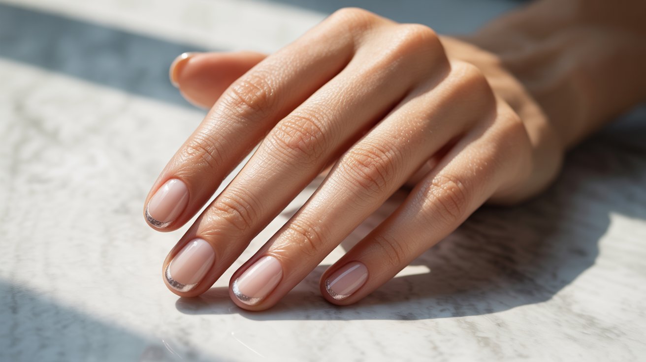 A manicured hand with glossy nude nails shows delicate silver tips, resting on a sunlit marble surface, conveying elegance and sophistication.