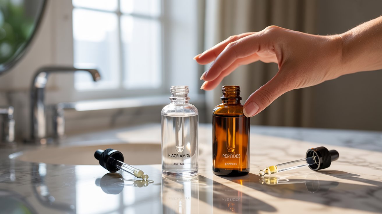 A hand reaches for a brown peptide serum bottle beside a clear niacinamide bottle on a sunny bathroom counter. Droppers lie nearby, suggesting skincare routine.