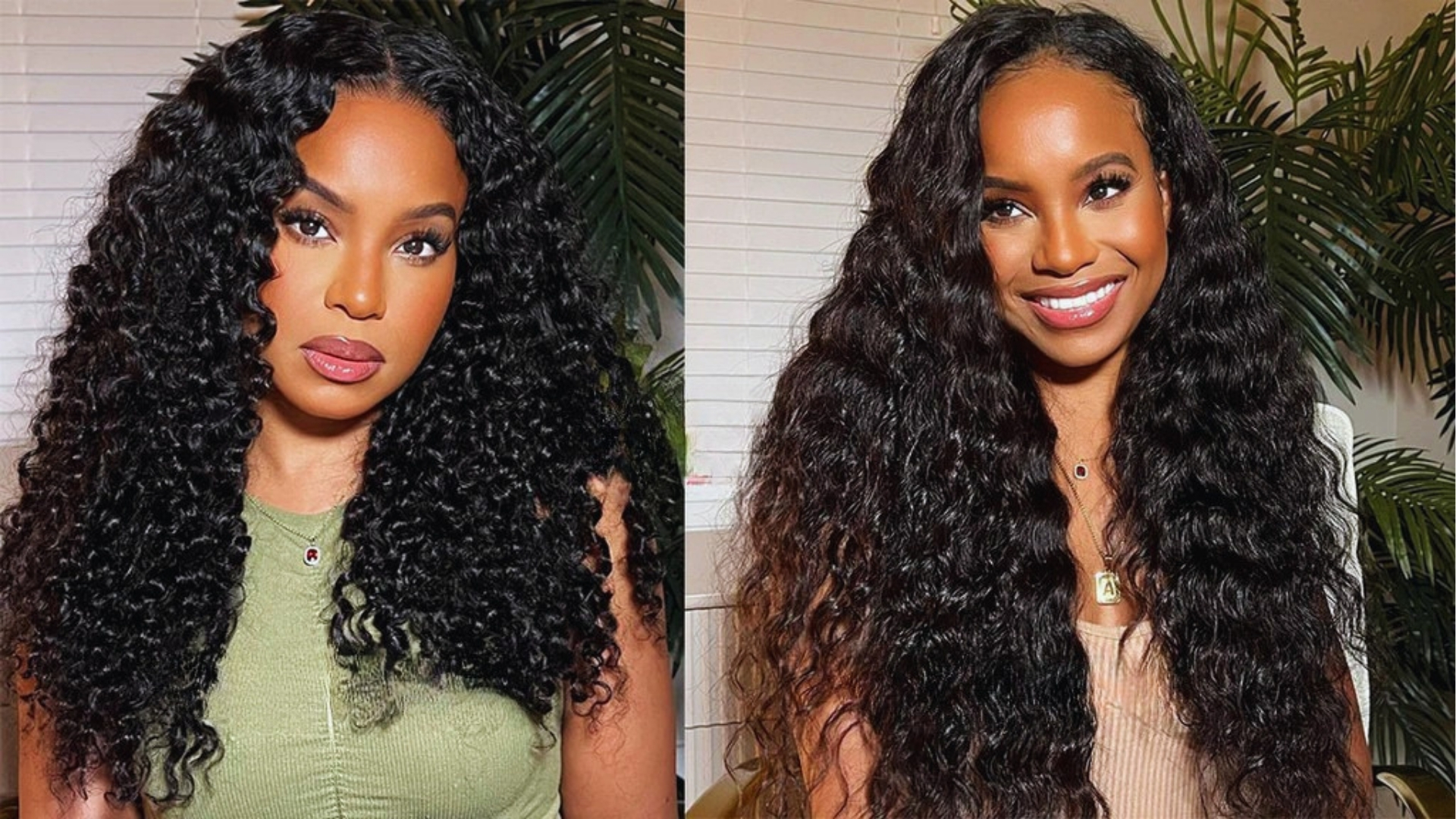 Two women with long, curly black hair are side by side. One wears a green top and looks serious, while the other wears beige and smiles; plants are in the background.