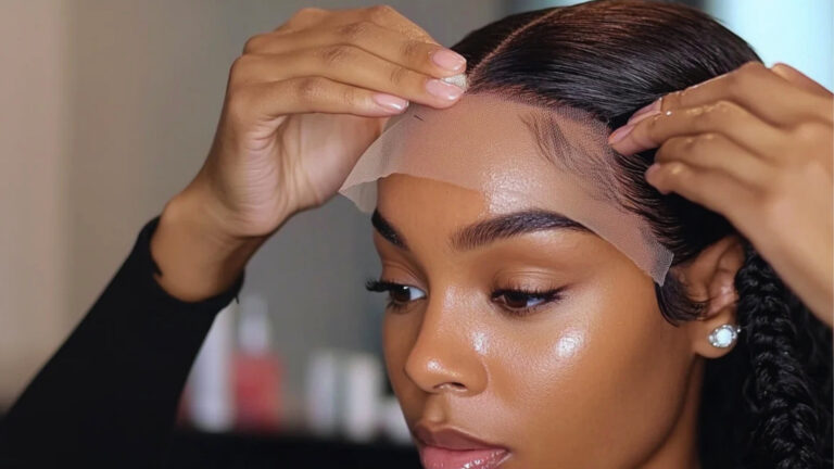A person is applying a lace front wig, aligning the lace with their hairline. Their skin glows with a smooth texture. The atmosphere is focused and calm.