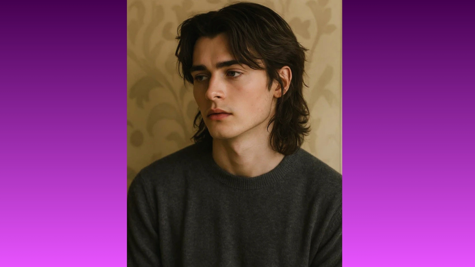 Young person with long dark hair gazes to the side, wearing a gray sweater. Background shows soft floral wallpaper against a purple gradient. Tone is contemplative.