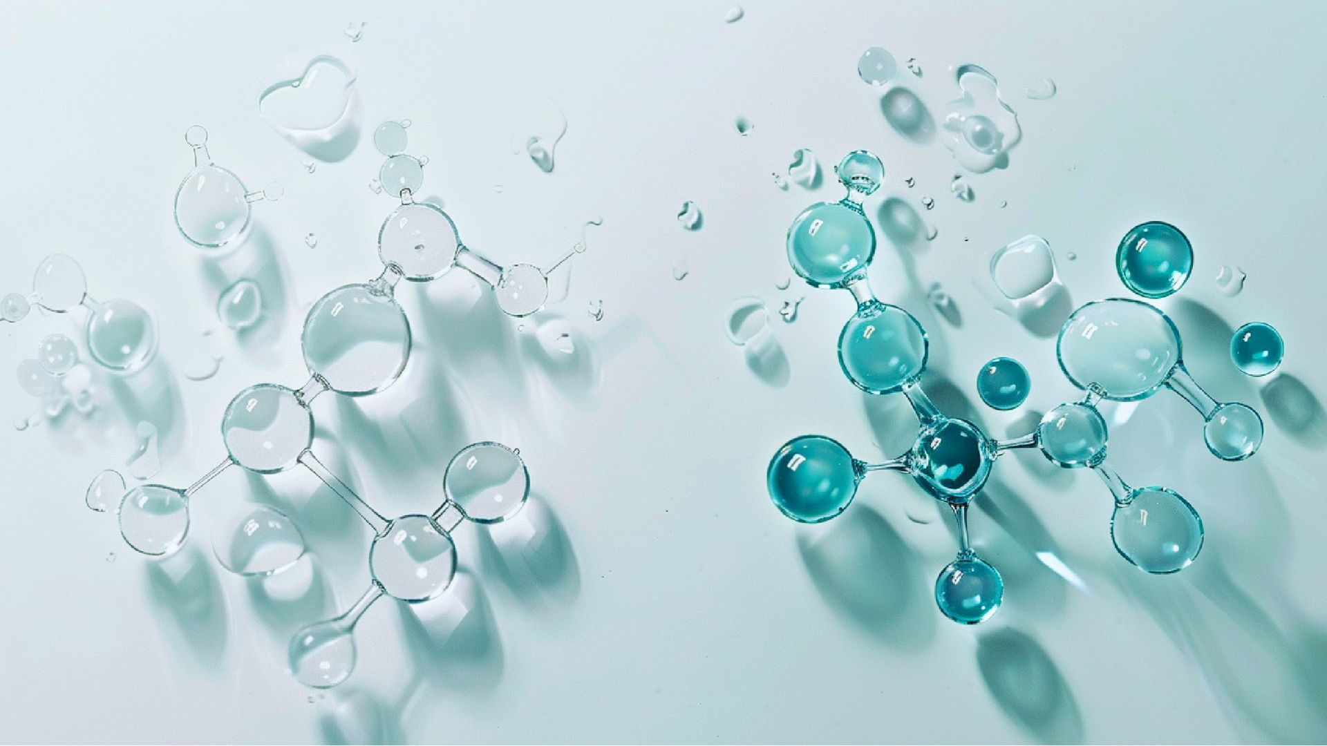 Abstract image of molecular structures with clear and blue spheres interconnected on a light background, conveying a scientific and clean atmosphere.