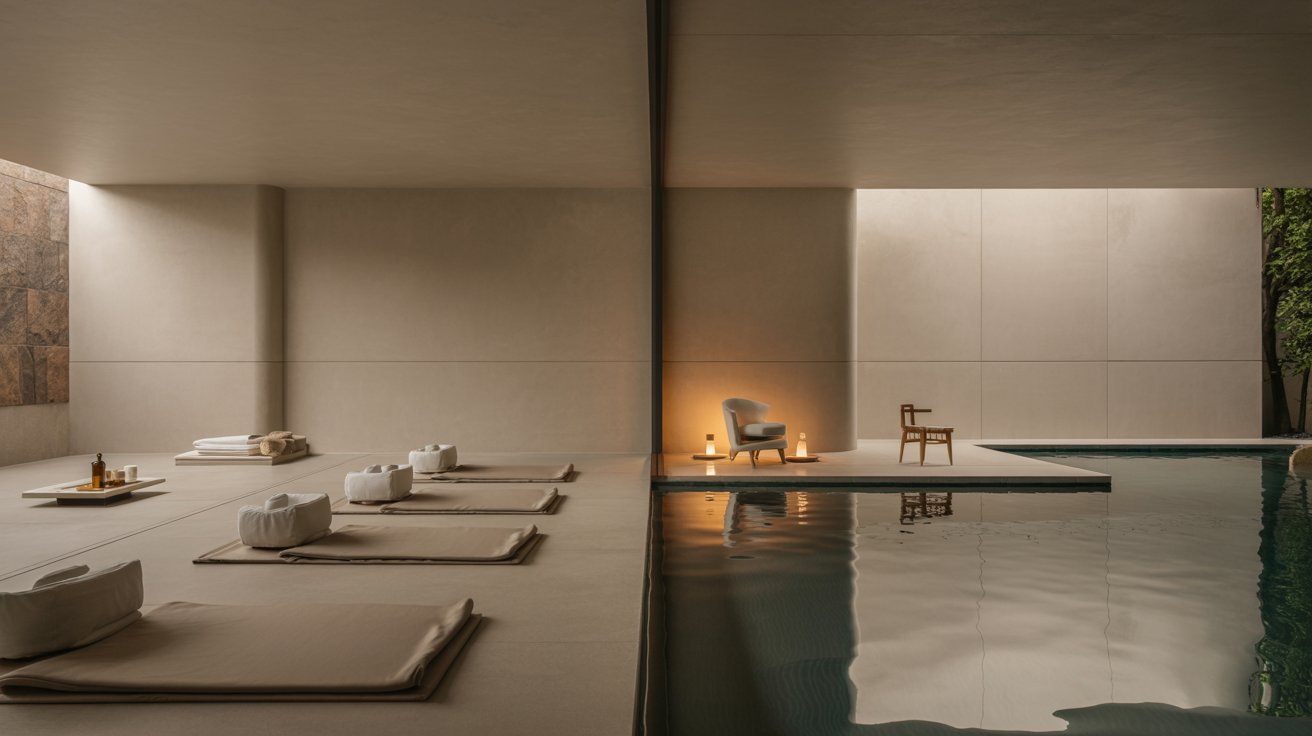 Minimalist spa room with beige tones, featuring cushioned mats and towels on the left. A serene pool on the right, with ambient lighting and two chairs. Calm atmosphere.