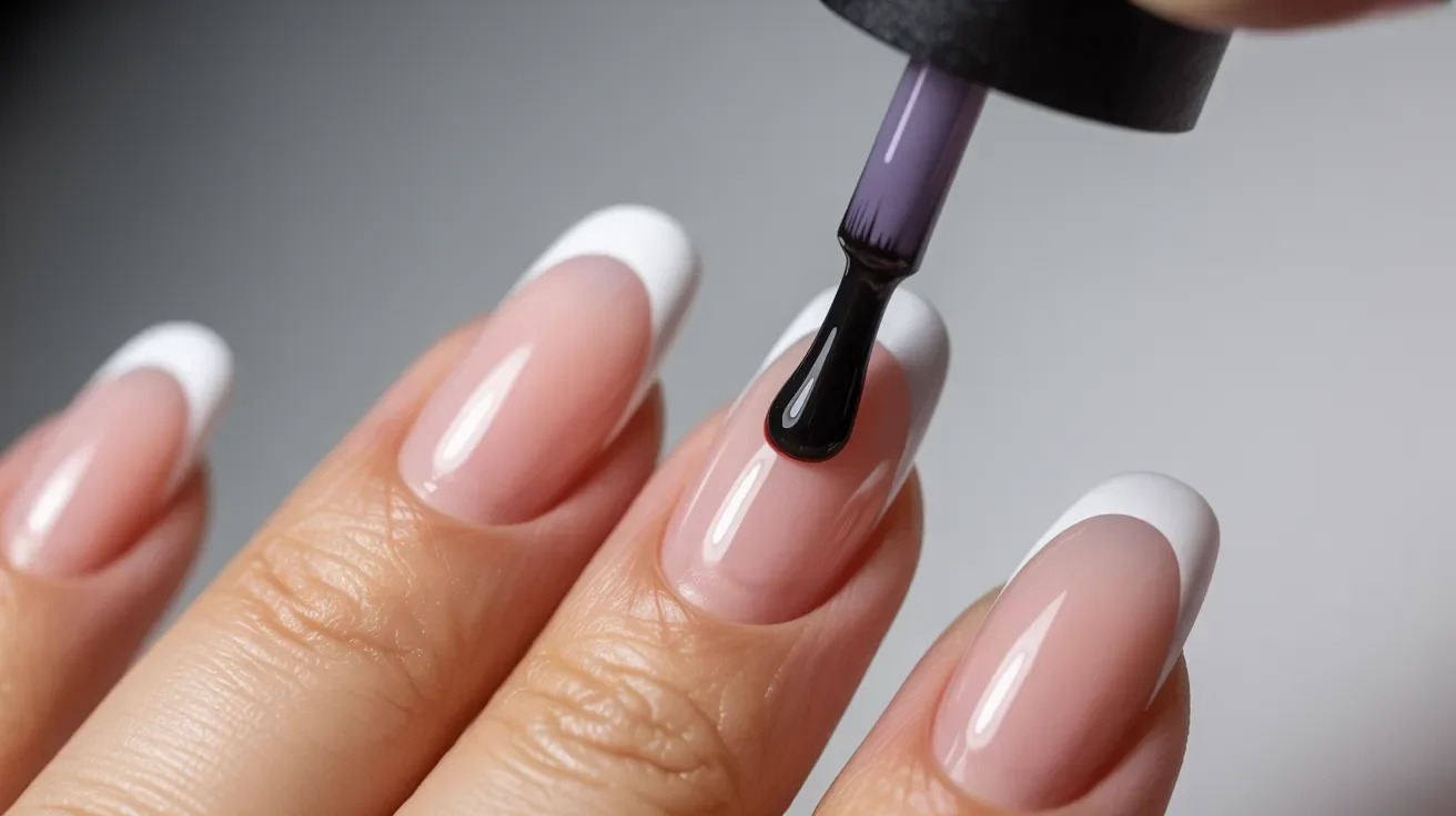 Close-up of a hand with a French manicure, in which nails feature white tips and glossy nude polish. A brush applies a clear coat, exuding elegance.