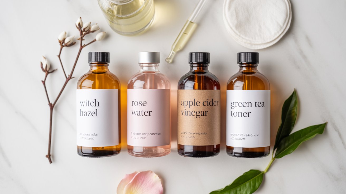 Four amber glass bottles labeled witch hazel, rose water, apple cider vinegar, and green tea toner are aligned on a white marble surface. Magnolia branches, a dropper, leaves, and a pink rose petal surround them, conveying a natural, serene tone.