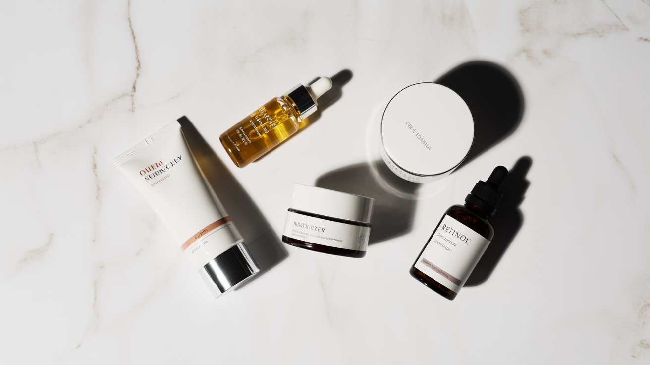 A collection of skincare products on marble: a tube, jars, and dropper bottles arranged neatly. The scene is minimalist, clean, and elegant.
