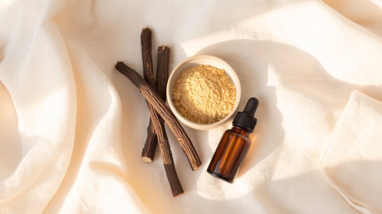 On a soft cream fabric, there are licorice sticks, a bowl of yellow powder, and a brown dropper bottle. The scene is calm and natural.
