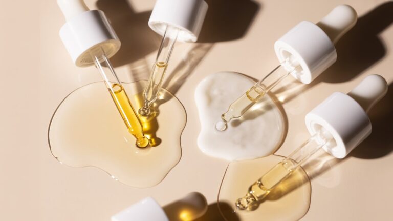 Five glass droppers lay on a beige surface with spilled skincare serums in yellow, clear, and milky white hues, creating a minimalist, elegant look.