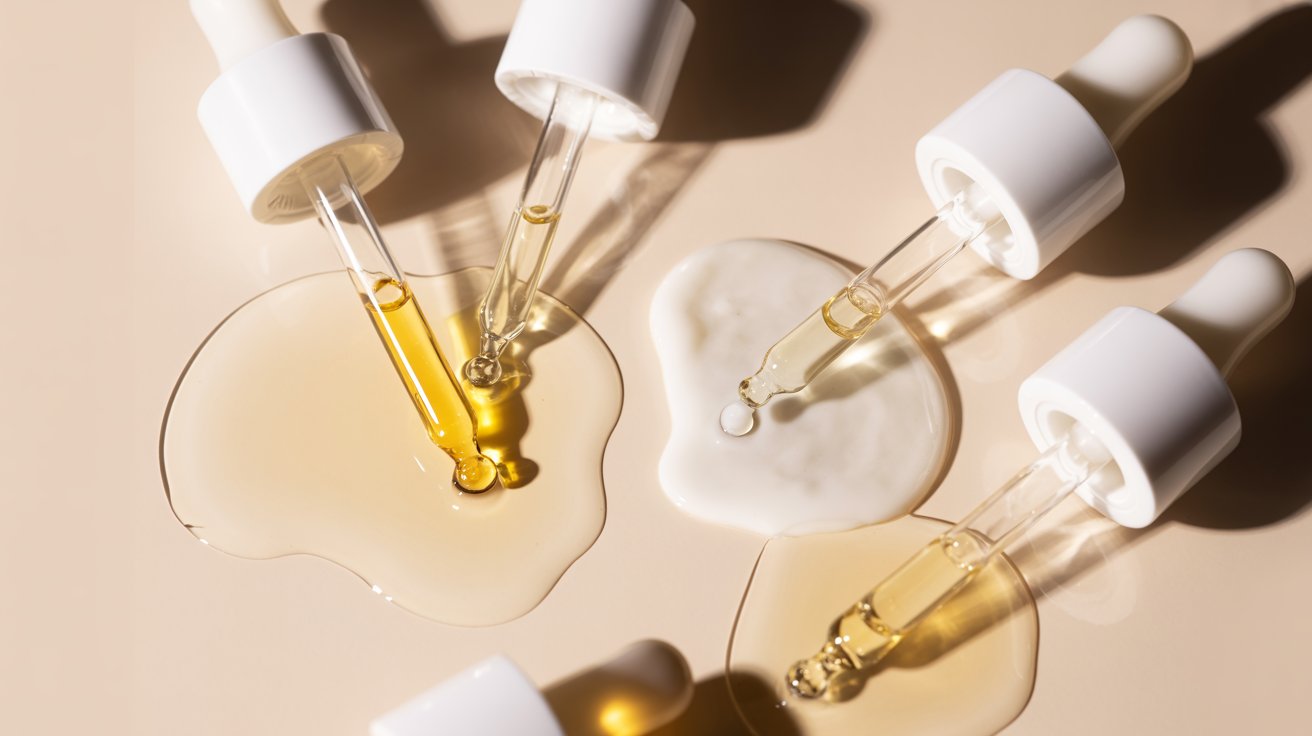 Five glass droppers lay on a beige surface with spilled skincare serums in yellow, clear, and milky white hues, creating a minimalist, elegant look.