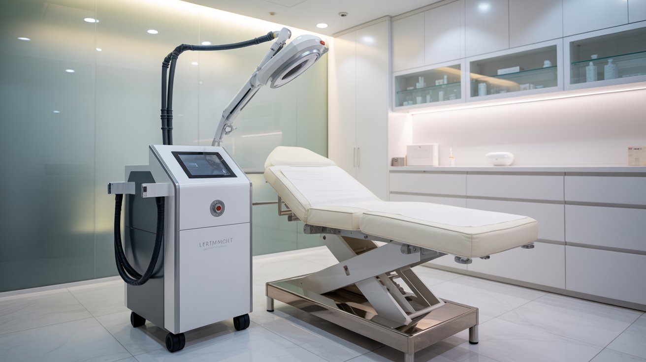 A modern aesthetic clinic room showing a sleek, adjustable treatment chair and a laser machine with a digital display and flexible arm. The space is clean and minimalistic with a calm, professional atmosphere.