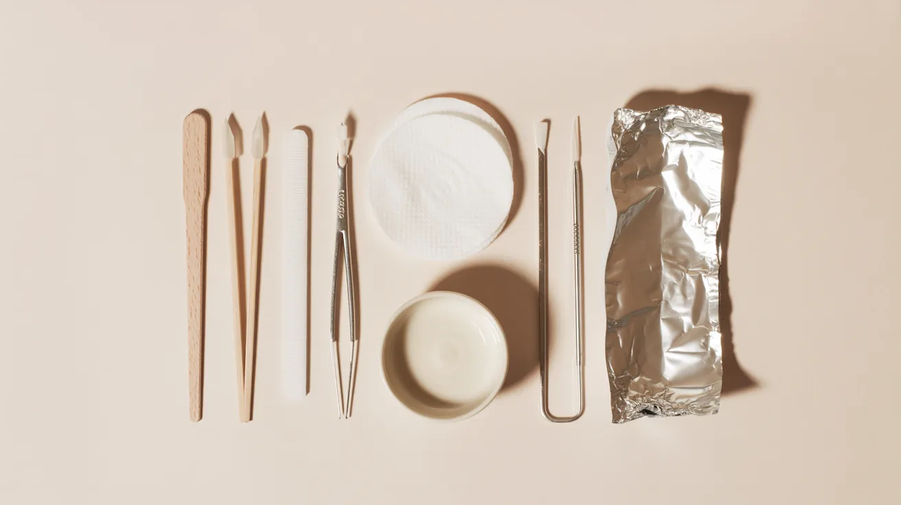 Various dental tools and accessories, including a pick, tweezers, cotton pads, and foil, neatly arranged on a beige background, conveying a clinical tone.