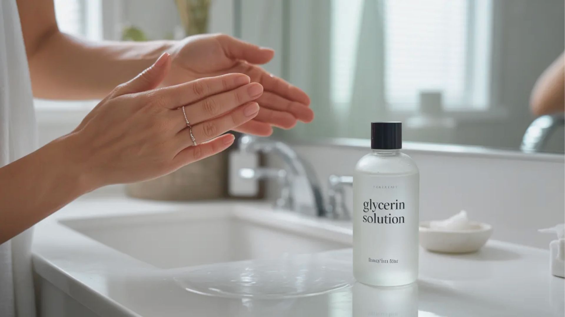 Hands applying glycerin solution in a bright bathroom. A bottle labeled "glycerin solution" sits on a sink beside cotton pads, creating a clean and soothing atmosphere.