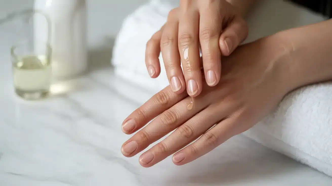Hands applying moisturizing oil on nails, set on a white towel against a marble surface. A serene, spa-like atmosphere is evoked, with a nearby oil bottle.
