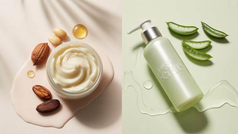 A skincare cream jar surrounded by nuts and oils on the left, and a pump bottle with aloe slices on the right, both on soft pastel backgrounds.