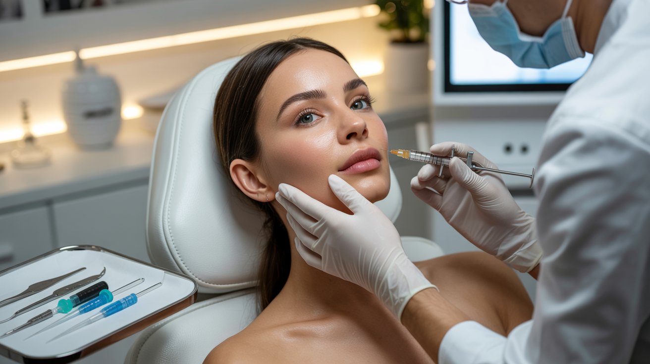 A woman receives a cosmetic injection in her cheek from a masked professional in a clean, modern clinic. The scene is calm and professional.
