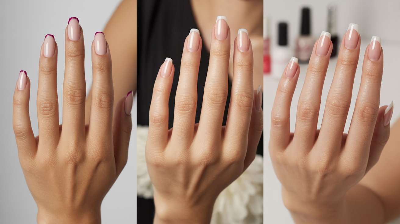 Three hands with manicured nails: first has vivid red tips, second classic French tips, third white tips. Background shows nail polish bottles, conveying elegance.