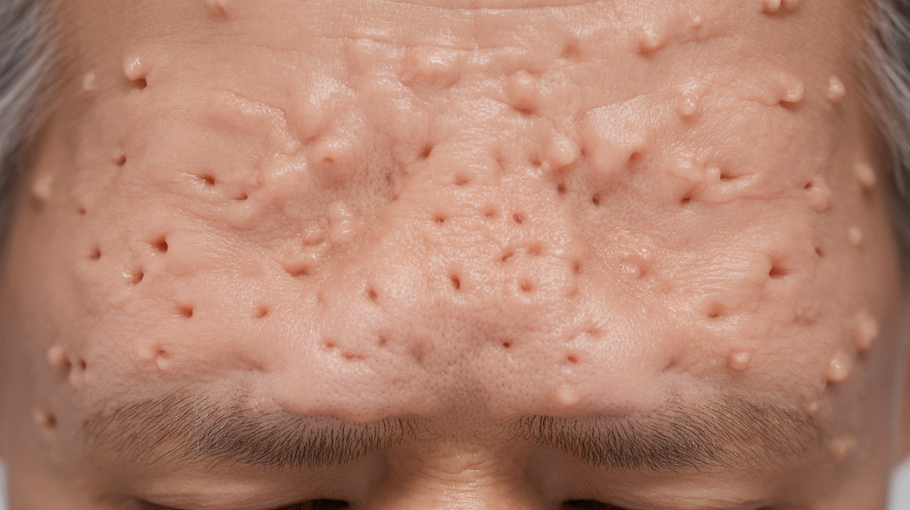 Close-up of a person's forehead with multiple skin growths, appearing as small, raised bumps. The skin texture is uneven, conveying a sense of discomfort.