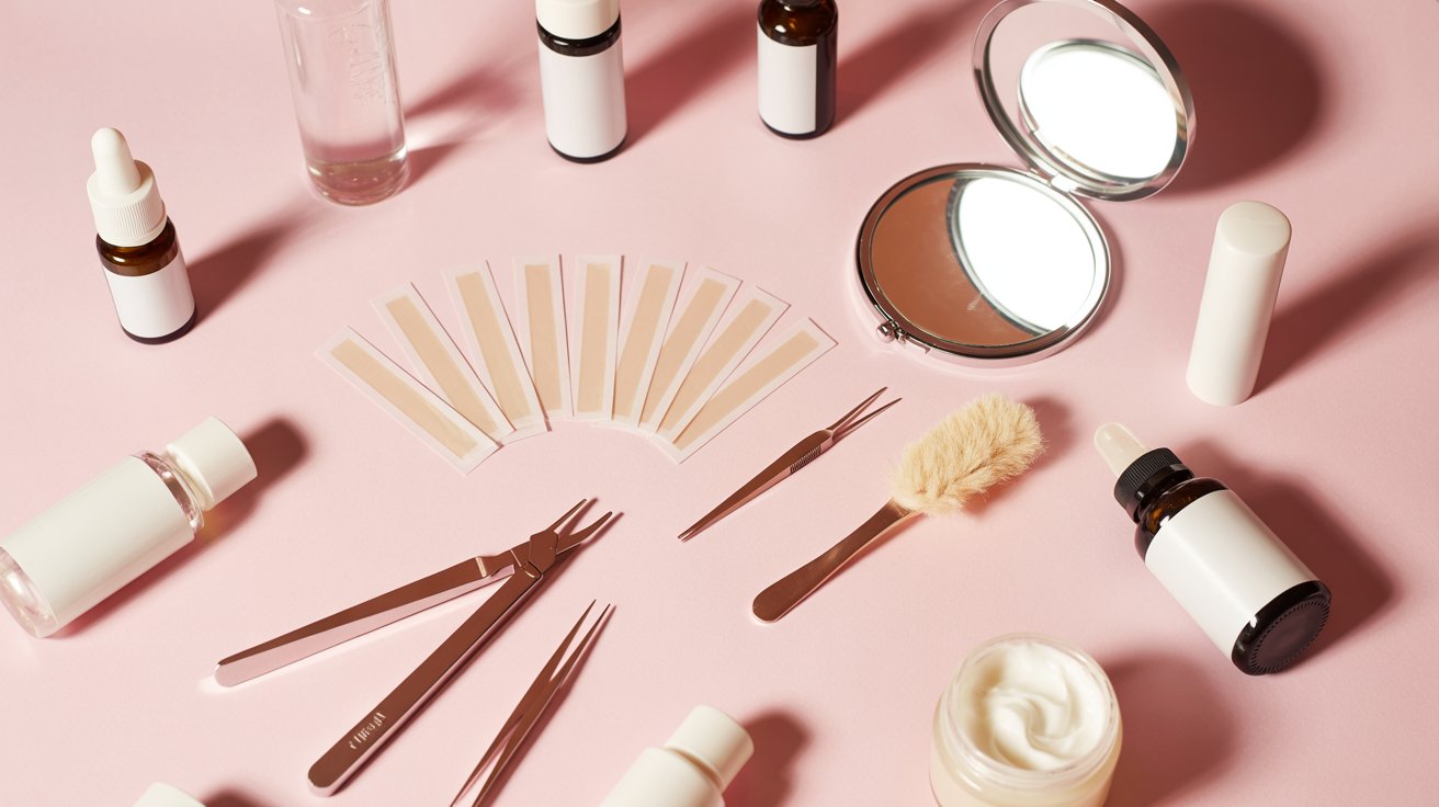 A collection of skincare and beauty tools on a pink surface, including bottles, a mirror, cotton swabs, a brush, and tweezers, creating a clean, organized atmosphere.