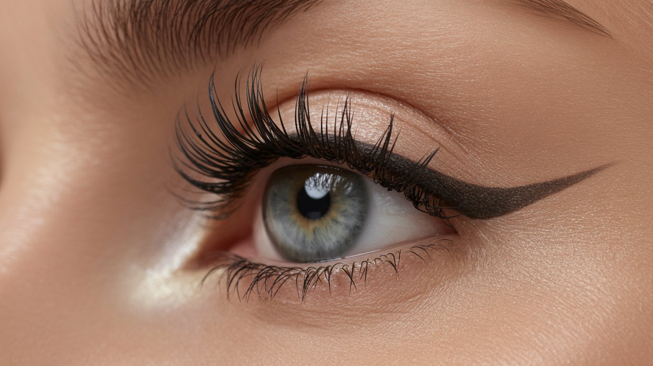 A close-up of an eye with blue iris, surrounded by long, dark eyelashes. The eyelid features smooth skin and a bold black winged eyeliner.