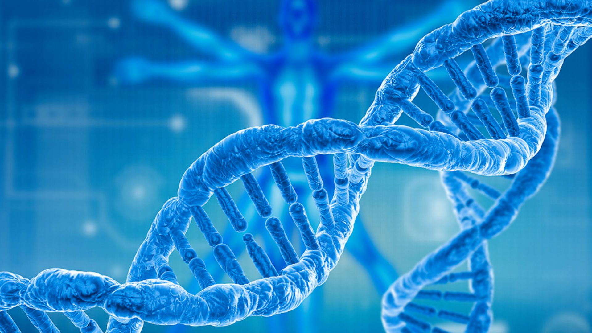 Close-up of a blue DNA double helix against a blurred background depicting a human figure and digital elements, conveying science and technology themes.