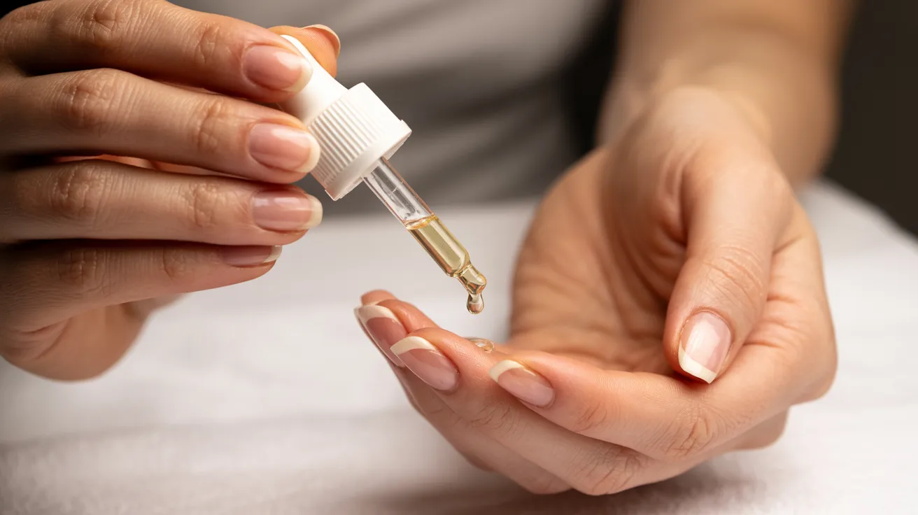 A person gently applies skincare serum onto their palm using a dropper. The scene conveys a sense of self-care and tranquility, with soft lighting and focus.