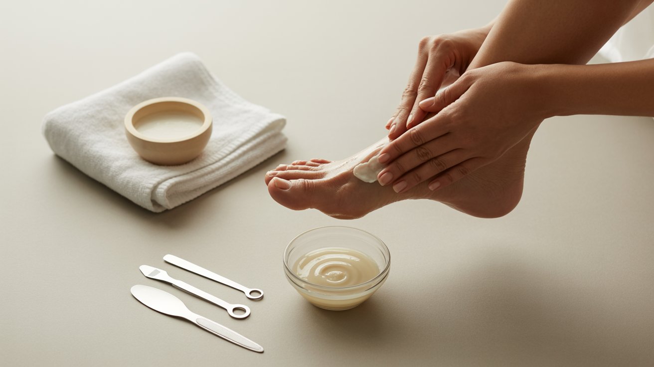 A person applies cream to their foot, showcasing foot care. Nearby are spa tools, a towel, and a bowl of cream, creating a calm, self-care atmosphere.