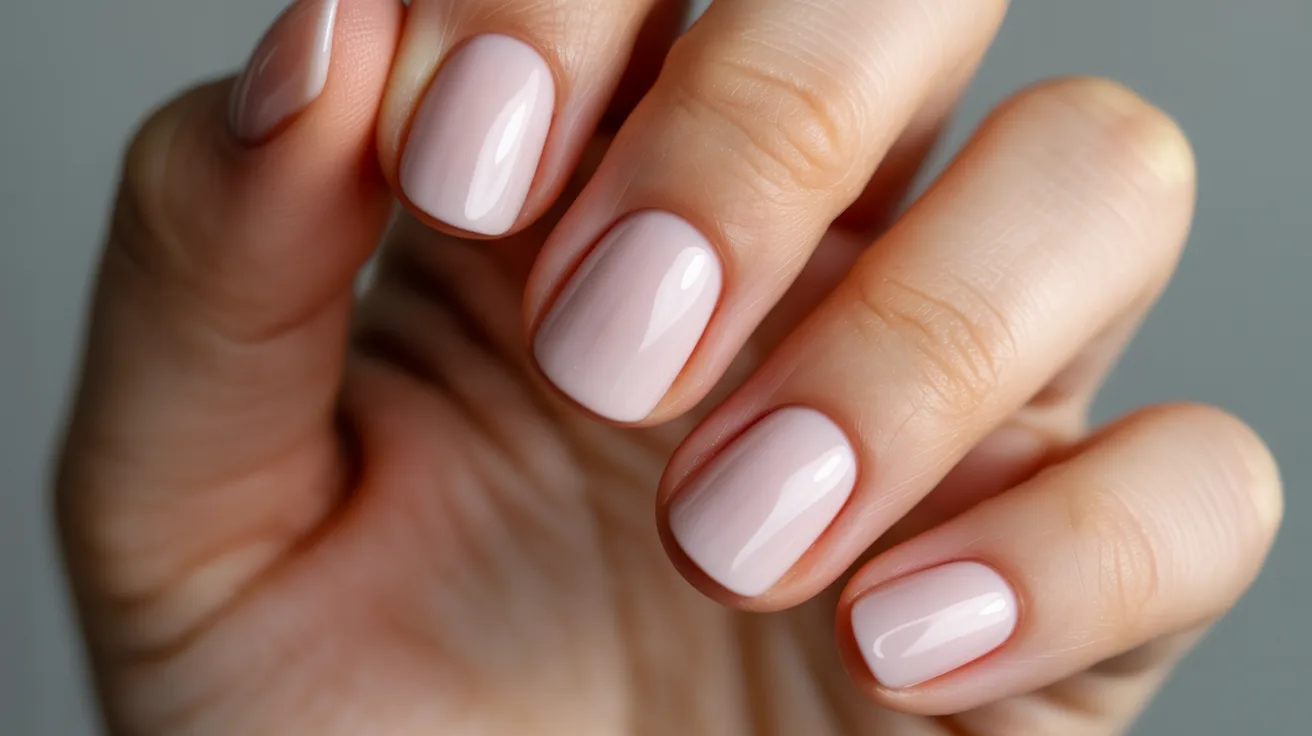A hand with short, neatly manicured nails, painted in a soft, glossy pale pink polish. The nails are clean and well-groomed, conveying elegance.