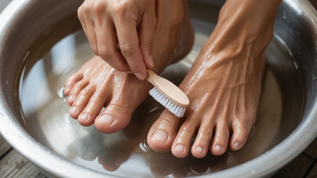 A person gently scrubs their feet with a brush while soaking them in a metal basin filled with water, suggesting relaxation and self-care.