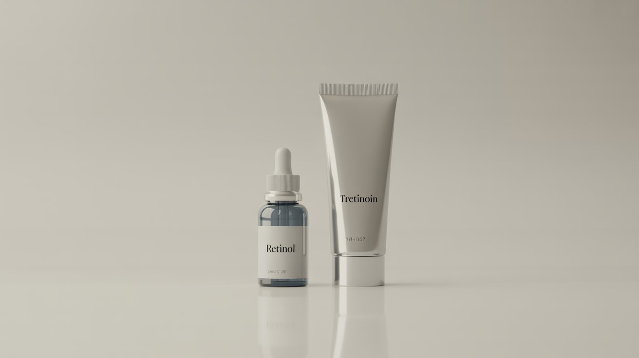 A minimalist image of a retinol dropper bottle and a tretinoin tube on a smooth, light-colored surface. The ambiance is clean and sophisticated.