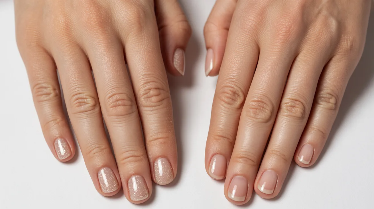 Two hands with neatly manicured nails display a subtle shimmer nail polish. The skin tone is fair, and the nails are shaped and polished for a clean, elegant look.