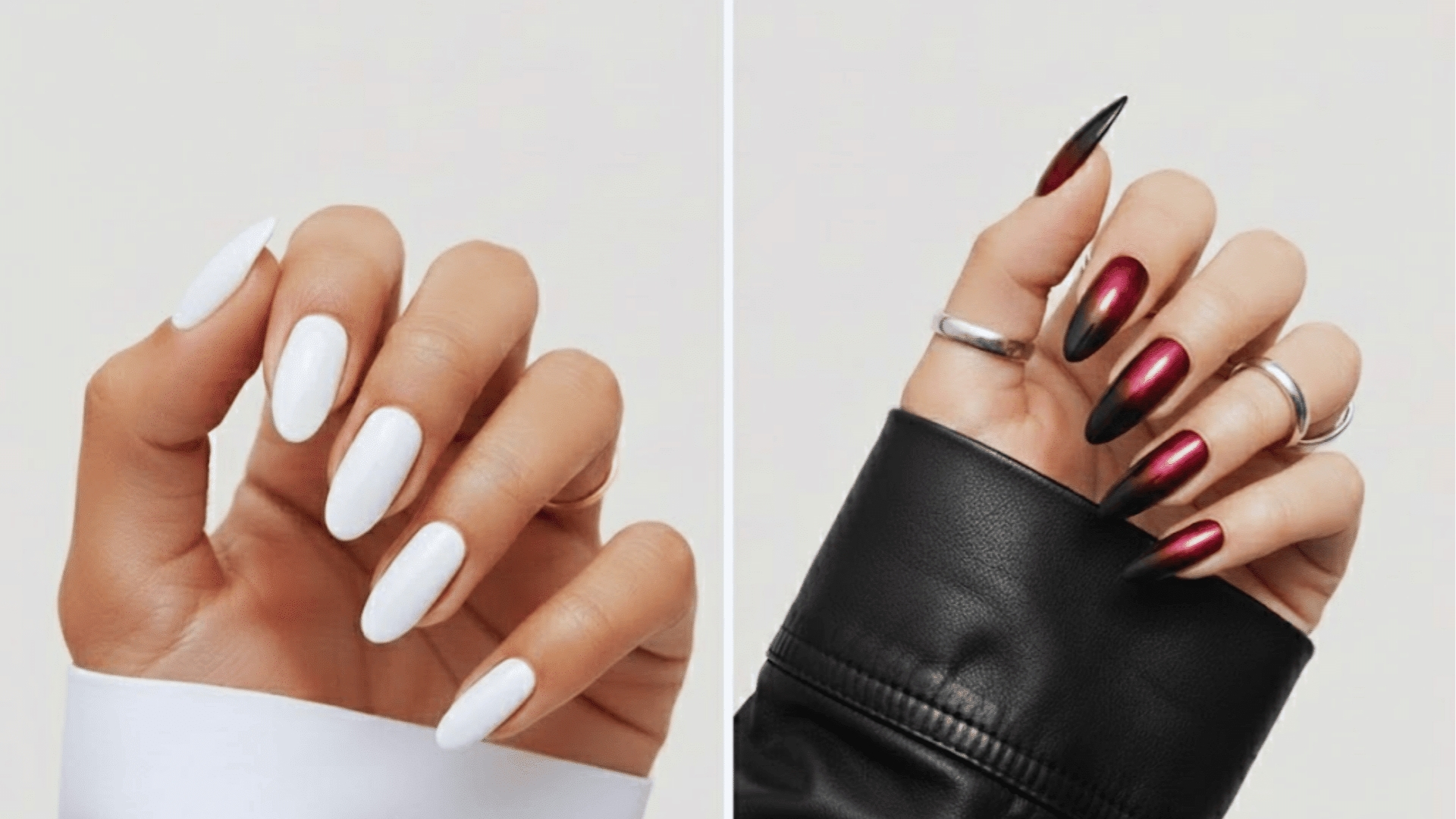 Split image of two manicures: left hand displays glossy white almond-shaped nails; right hand shows shiny black-to-red ombre nails, with a leather jacket sleeve.
