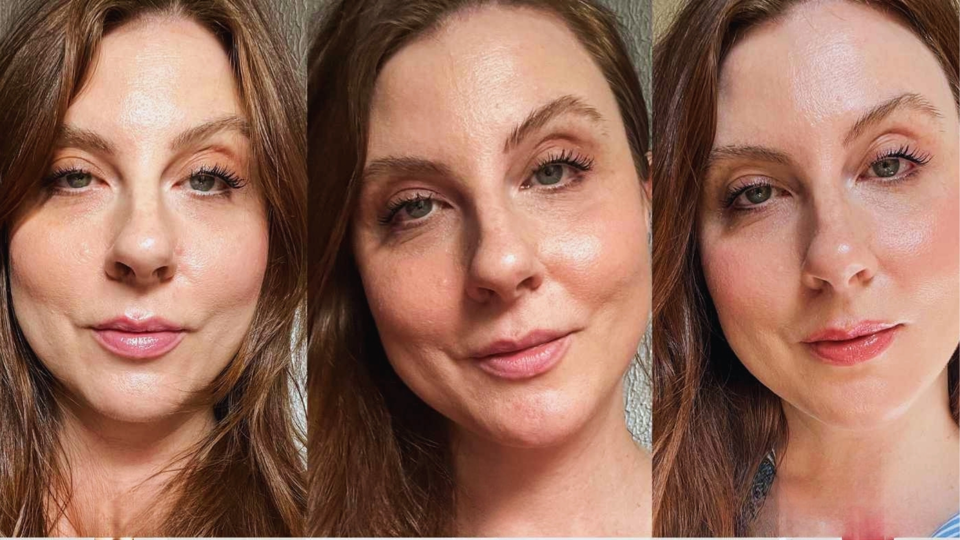 Three close-up portraits of the same woman with wavy brown hair. Her expressions are relaxed, set against a neutral background with soft lighting.