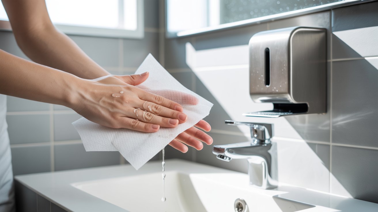 Hands drying with a paper towel over a white sink in a tiled bathroom. Water droplets fall, creating a fresh, clean feeling. A metal towel dispenser is on the wall.
