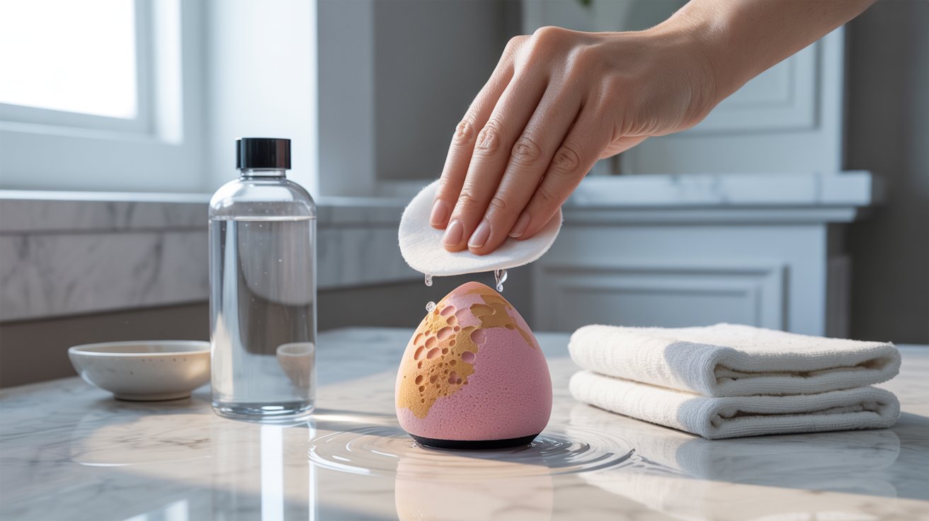 A hand cleans a pink, textured cleansing tool on a marble counter with a wet cotton pad. Nearby, a bottle of water, a small bowl, and folded towels suggest a skincare setting.