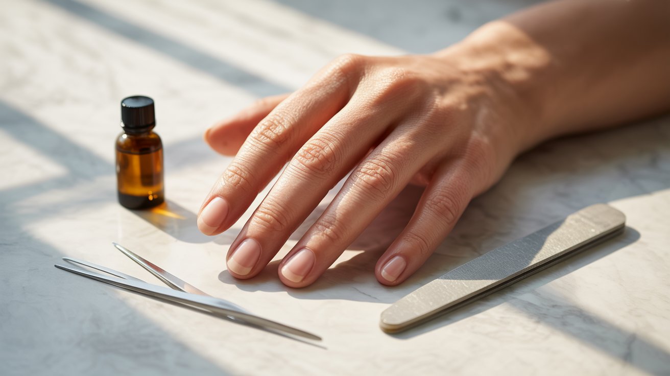 A hand with clean, manicured nails rests on a marble surface. Nearby are grooming tools: tweezers, a nail file, and a small amber oil bottle. Sunlight casts gentle shadows, evoking a calm and tidy atmosphere.