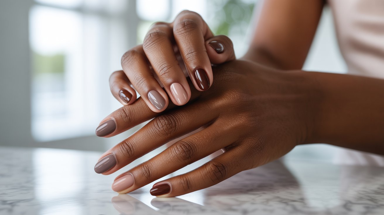 Close-up of hands with elegant brown and beige manicure on a marble surface, conveying a sense of style and sophistication in a well-lit setting.