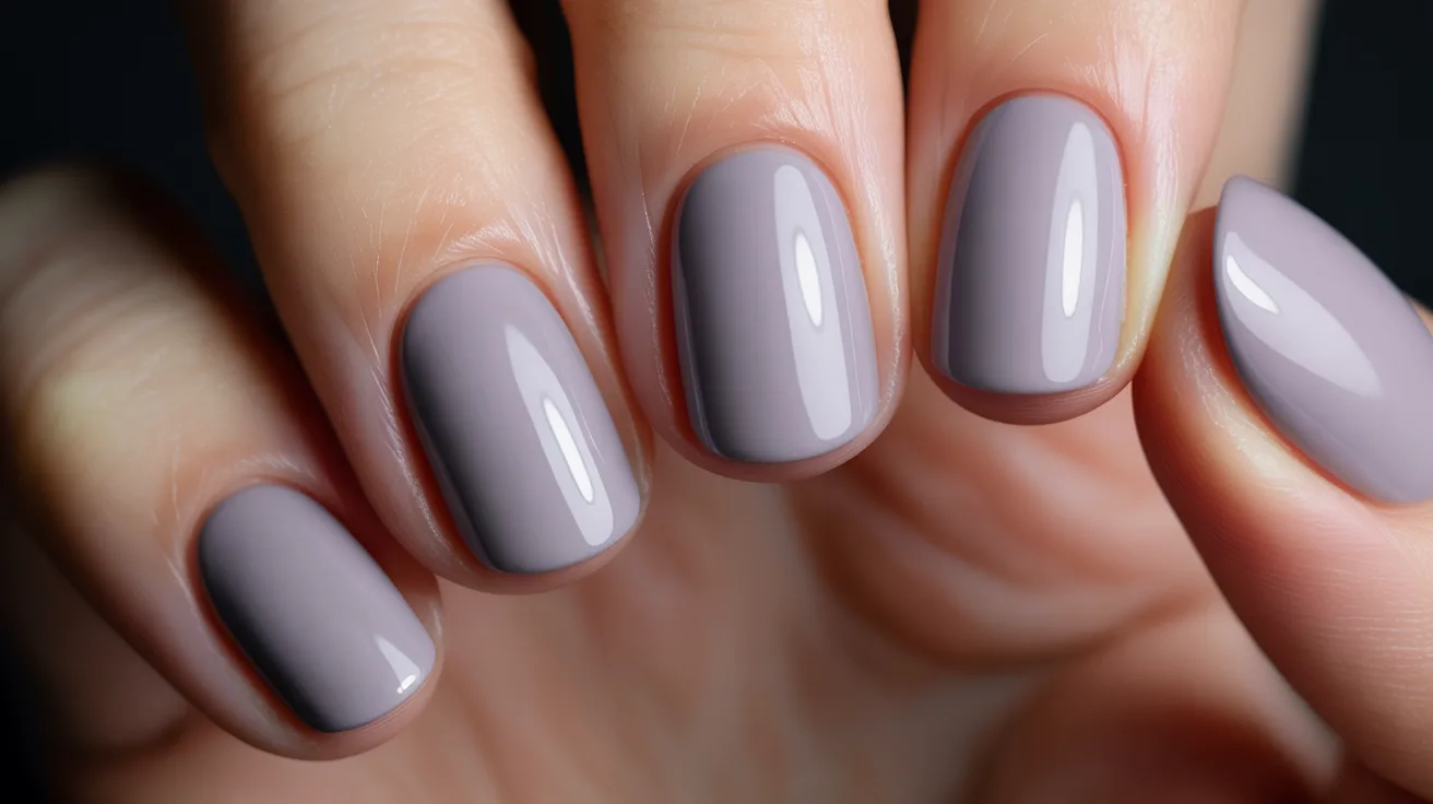 Close-up of well-manicured fingernails painted in a glossy grayish-purple shade. The lighting highlights the smooth texture, conveying elegance and sophistication.