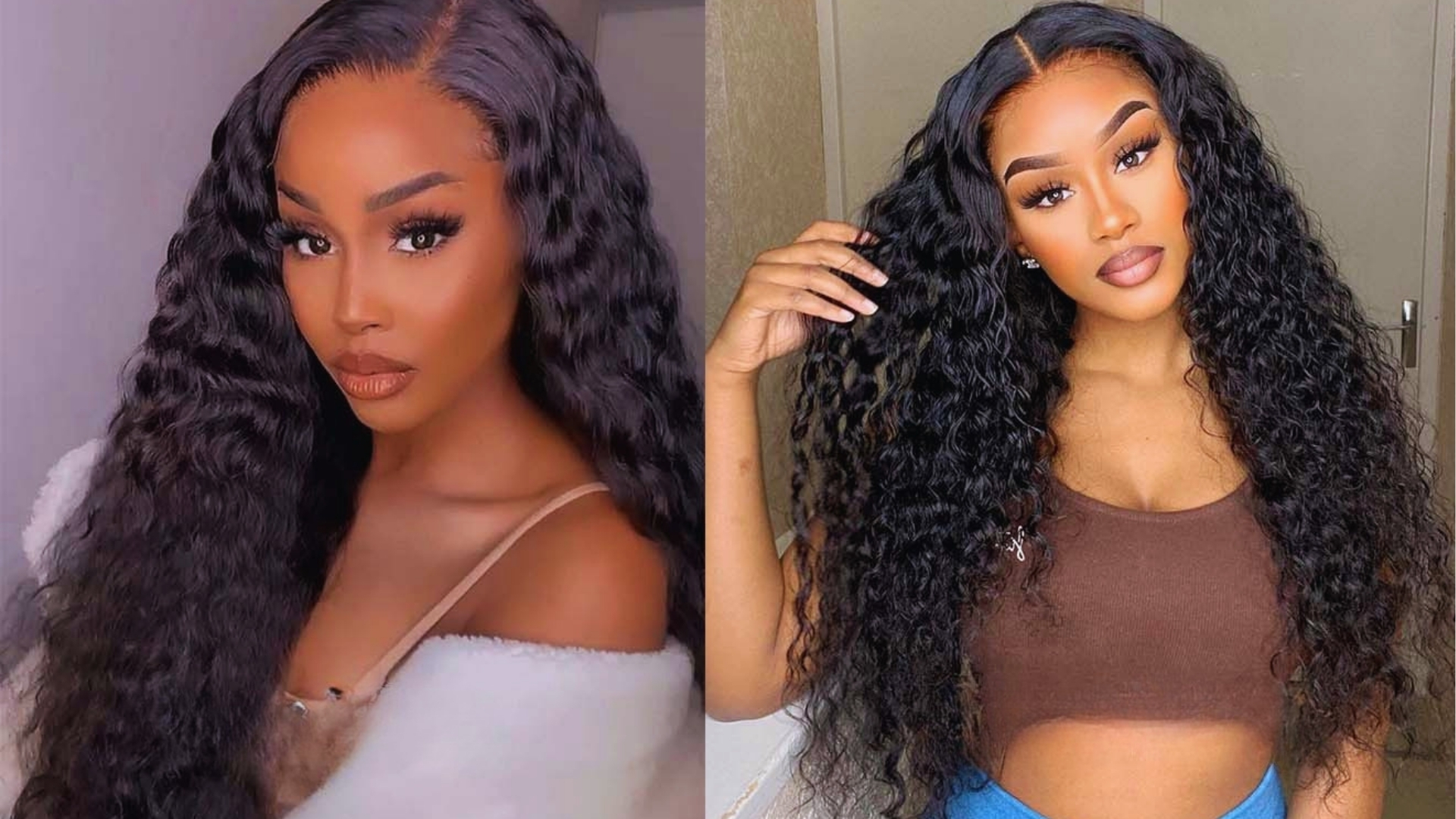 Two women with long, curly black hair are pictured. One wears a white top and exudes a glamorous vibe, while the other wears a brown tank top, looking confident.